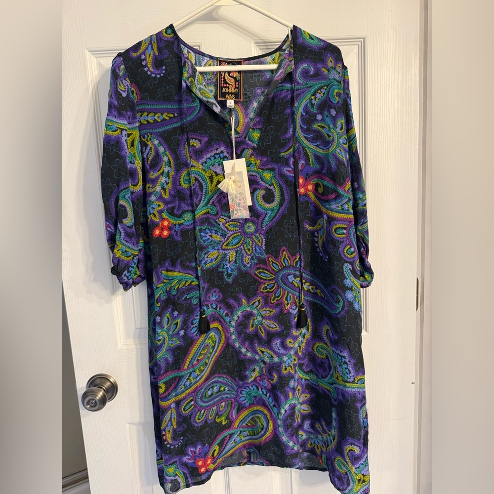NWT SMALL Johnny Was Black Dress with Purple Paisley Print